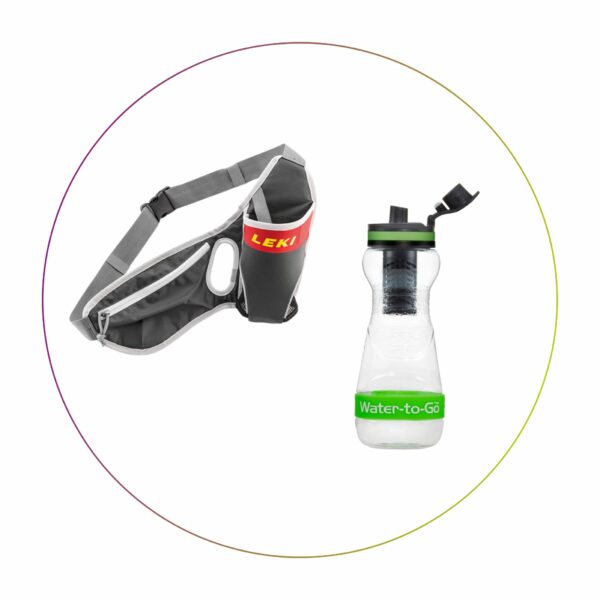 Grey Leki drink belt and a green and water-to-go bottle