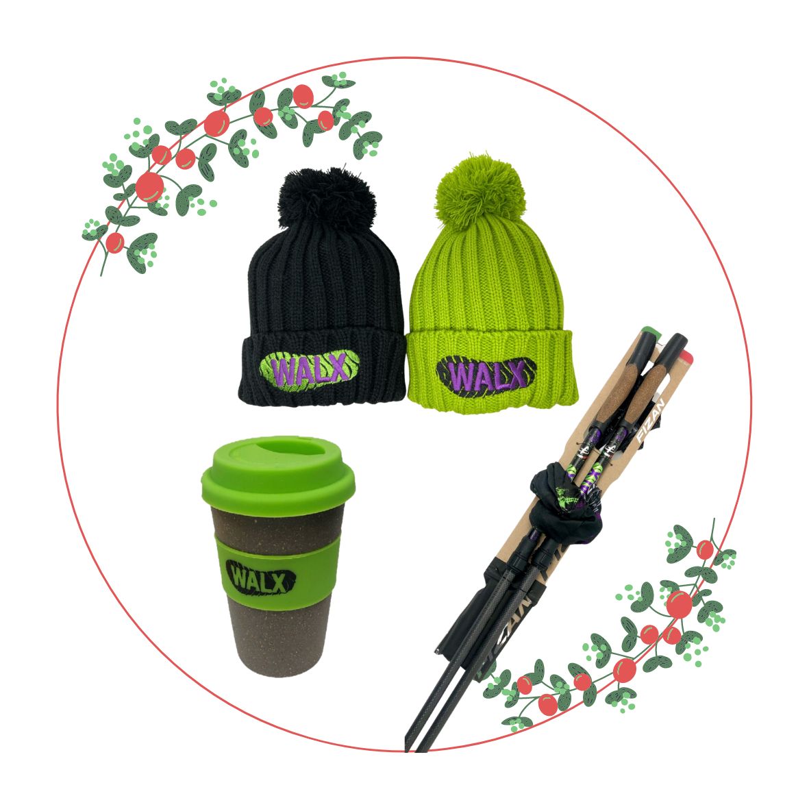 Black and green walx branded bobble hats, a green bamboo coffee cup and a pair of Fizan carbon impulse poles.