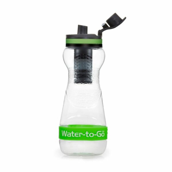 black and green water-to-go branded water bottle with flip lid open